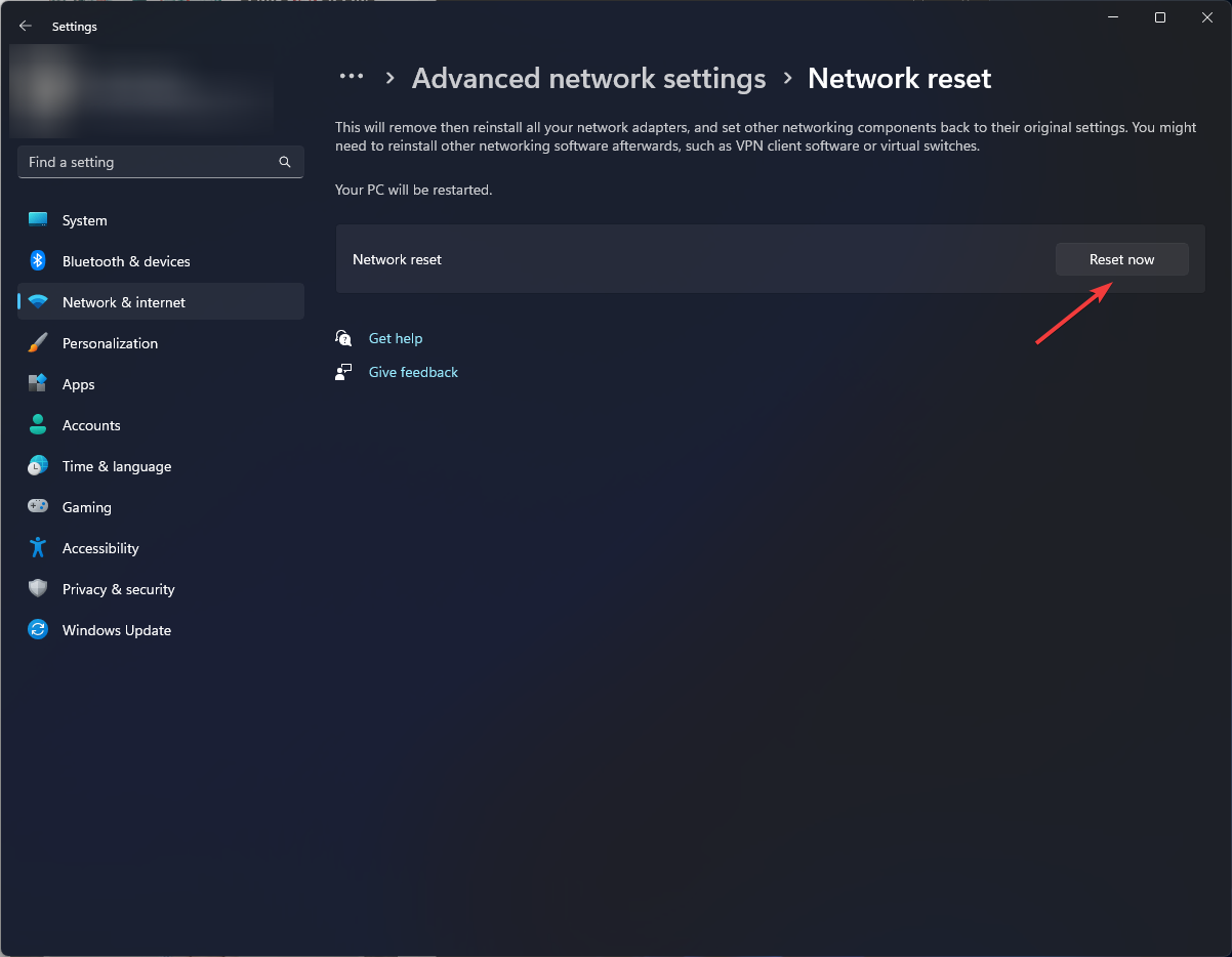 Network Reset now