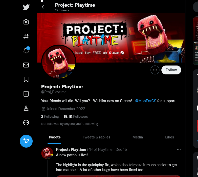 project playtime Twitter page -failed to connect to server