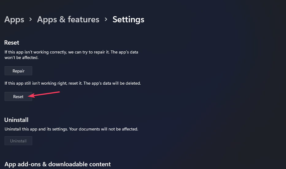 Reset button reinstall windows settings app