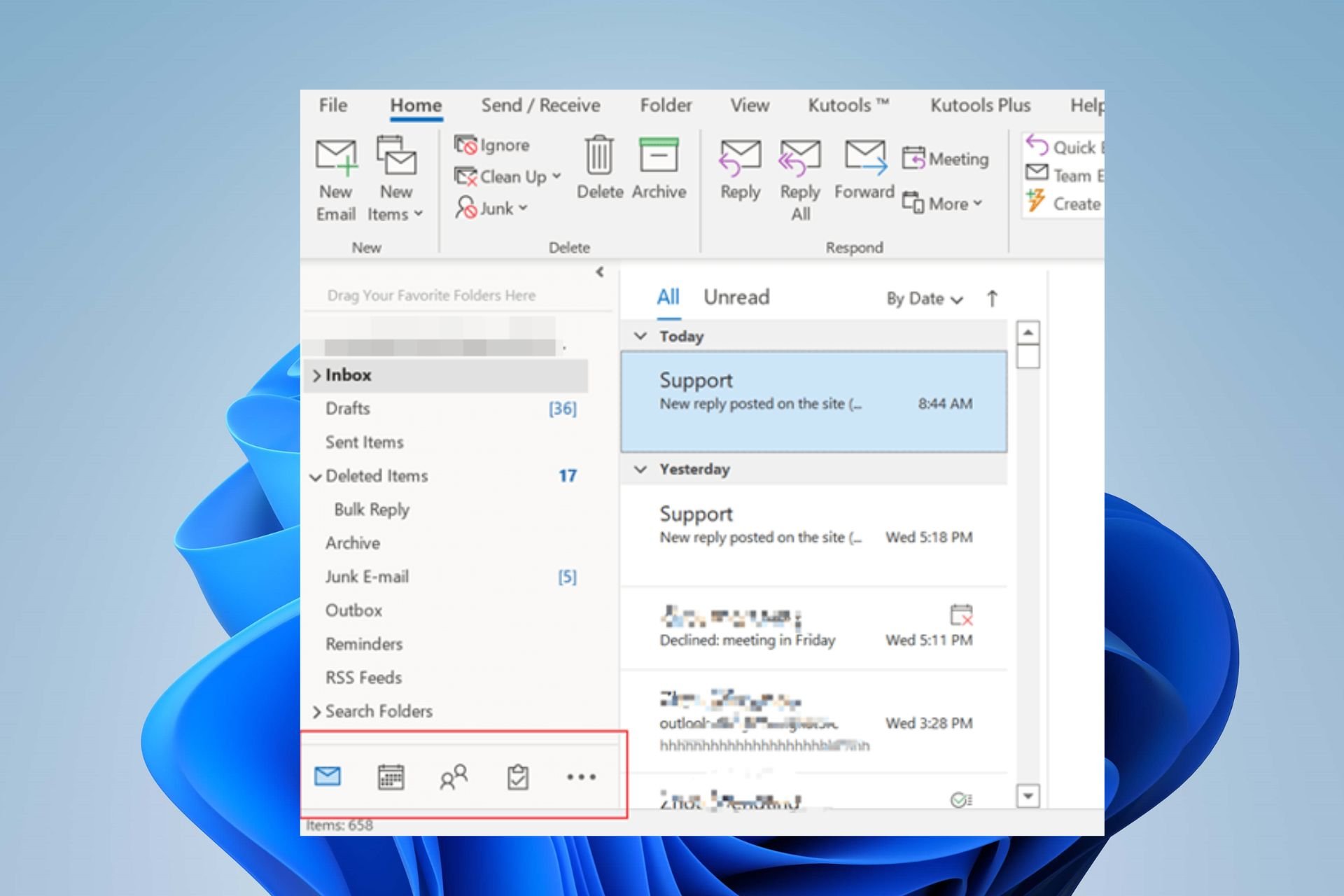 outlook toolbar from side to bottom