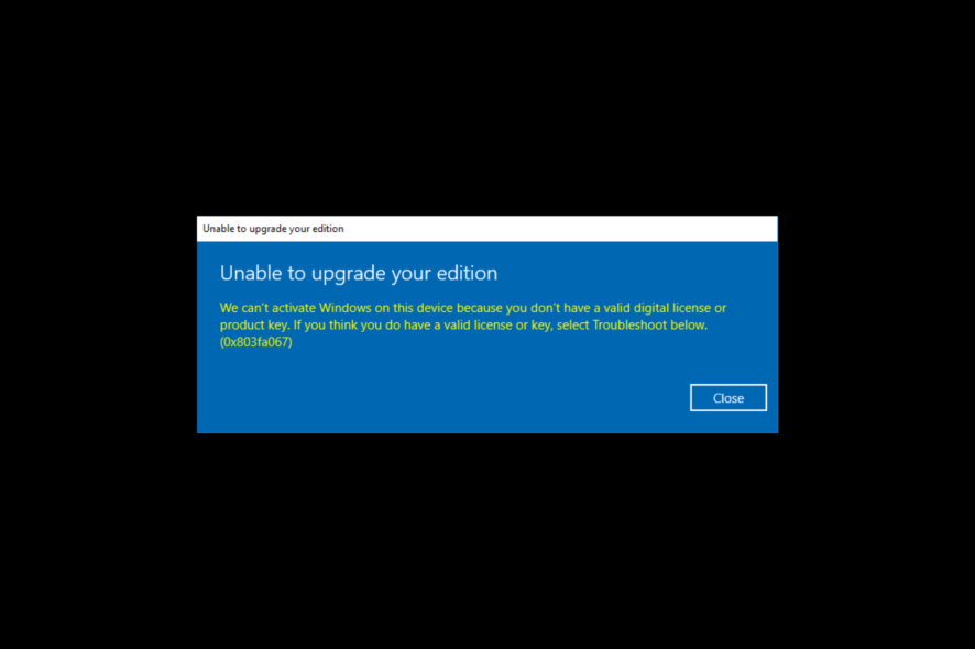 Windows Activation Error 0x803fa067 on Windows