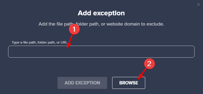 type url or browse to add exception