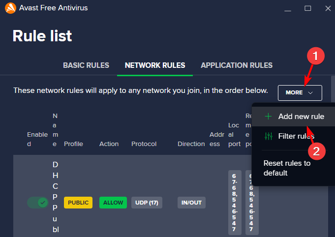 avast network rules add new rules