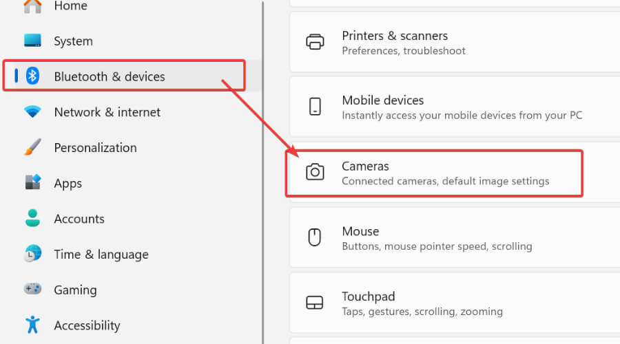 cameras settings in bluetooth and devices