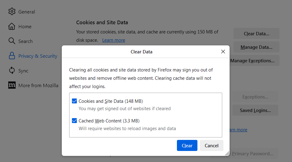 clear cookies and site data firefox