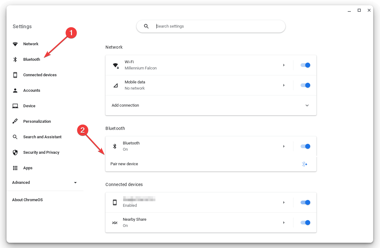 clicking pair new device chromebookx settings