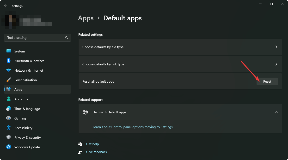 clicking reset next to Reset all default apps Windows 11