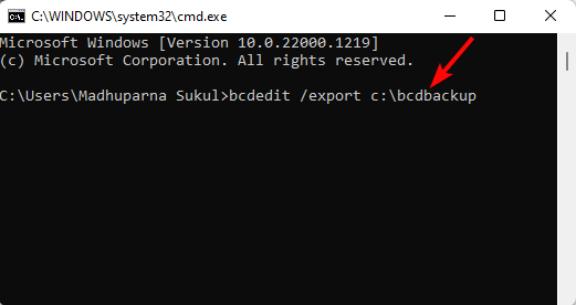 run bcdedit /export c:\bcdbackup enter