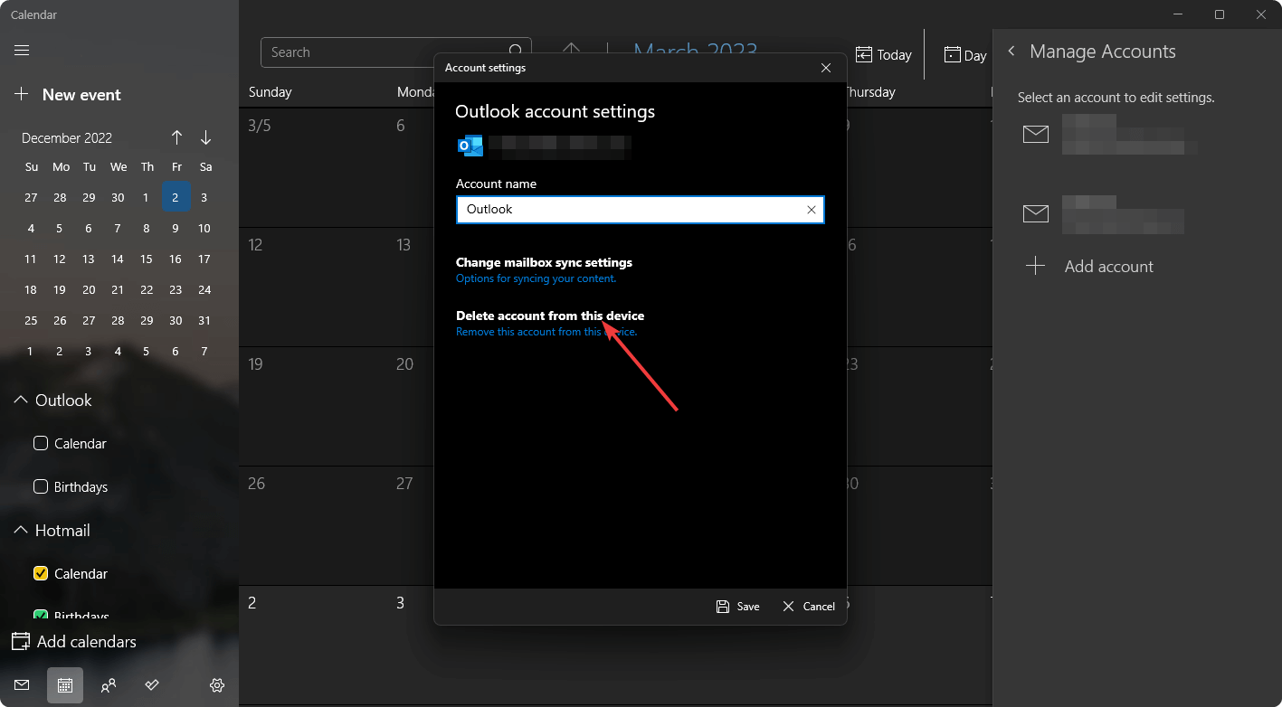 deleting account outlook calendar windows 11 app