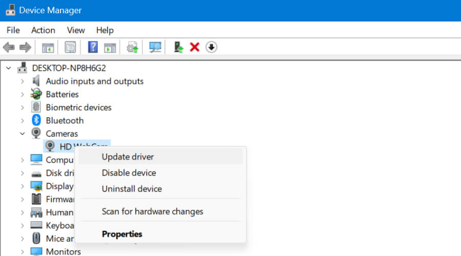 device manager update camera driver