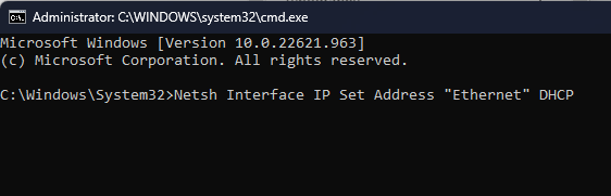dhcp is not enabled for ethernet CMD 1