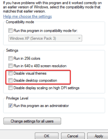 disable visual themes and composition