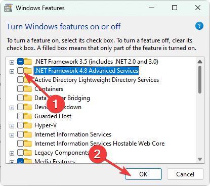 disabling dot net optional feature windows