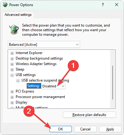 disabling selective suspend setting power options
