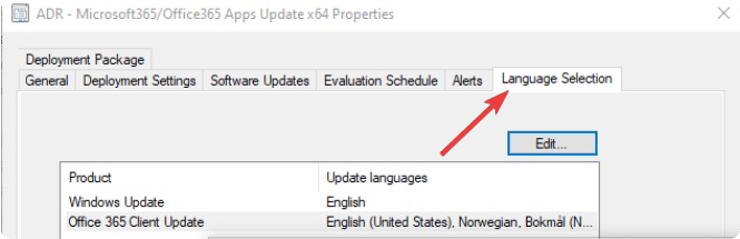 going language selection ADR office 365 update