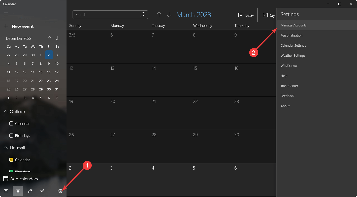 going manage accounts windows 11 calendar app