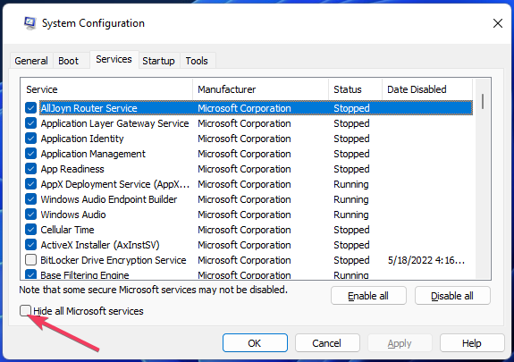 すべての Microsoft サービス チェックボックスを非表示にする 0x800700b7 - 0x2000a