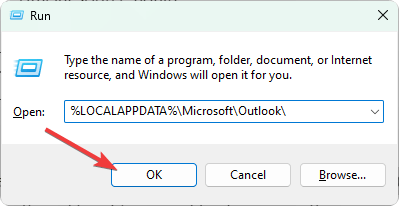 opening outlook cache folder using run