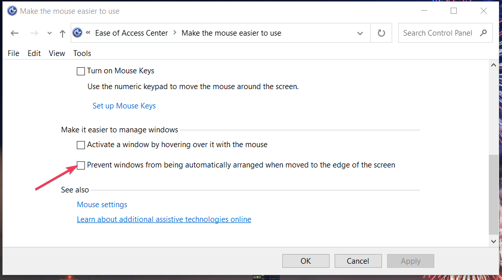 The Prevent windows from being automatically arranged checkbox turn off automatic window resizing windows 10