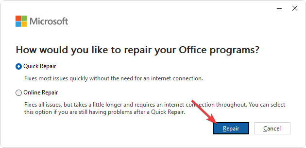Microsoft Office 修復クイック修復