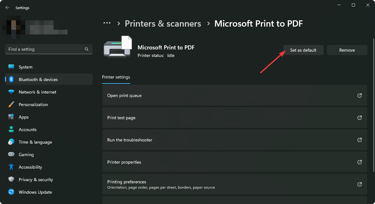 setting default printer windows