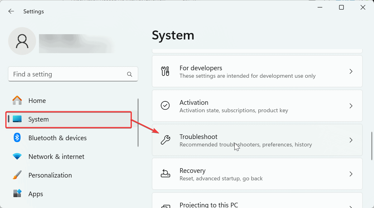 troubleshoot settings section