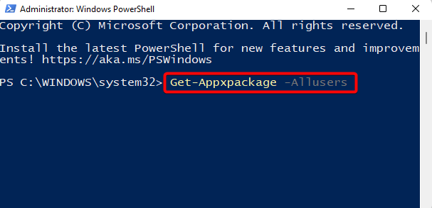 run Get-Appxpackage -Allusers command