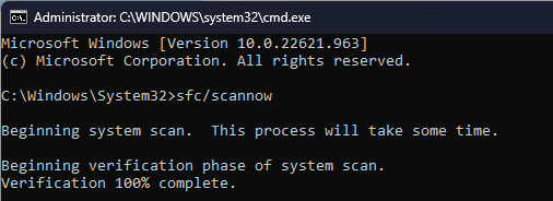 CMD sfc scan 100 disk usage windows 11