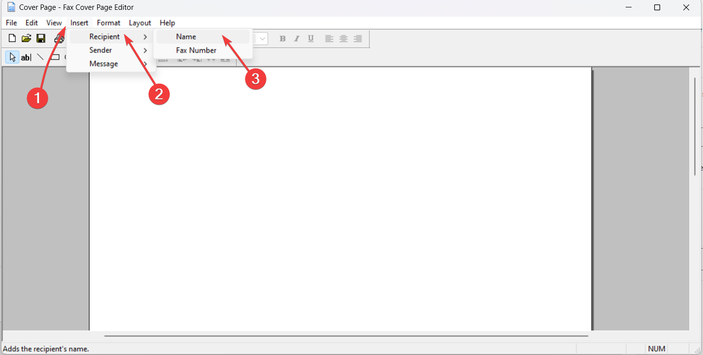 Insert menu and click Recipient - fax cover page editor on windows 11