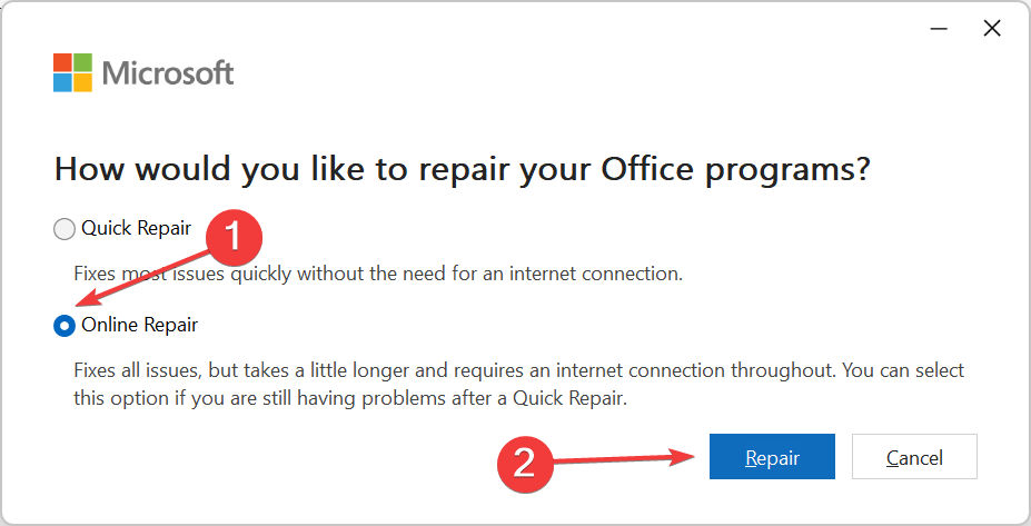 online repair to fix Microsoft Excel is waiting for another application to complete an OLE action