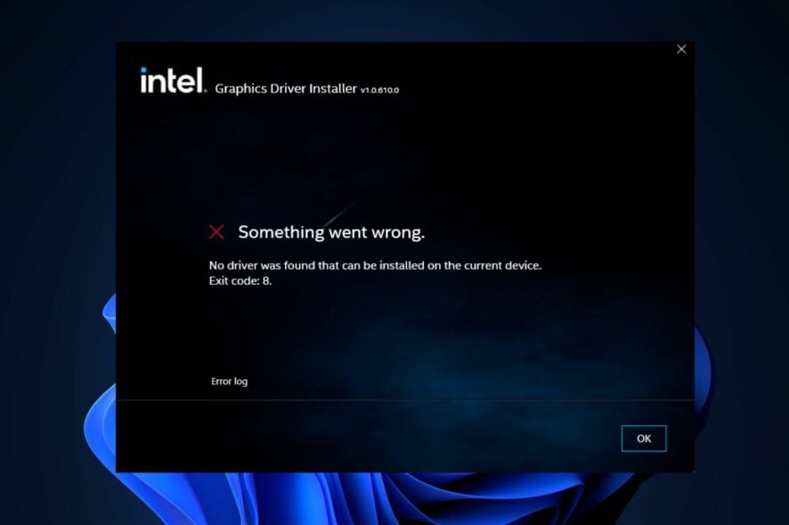 no driver was found that can be installed on the current device exit code 8