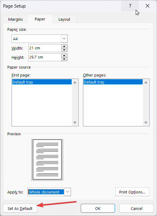 Set as Default -custom paper size windows 11