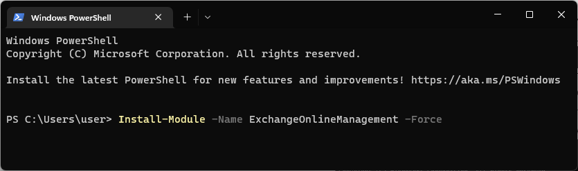 WindowsTerminal - Install-Module -Name ExchangeOnlineManagement -Forceconnect to exchange online powershell