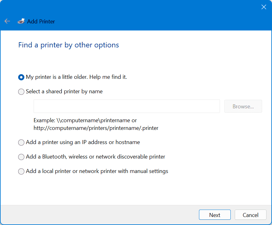 adding printer manually options