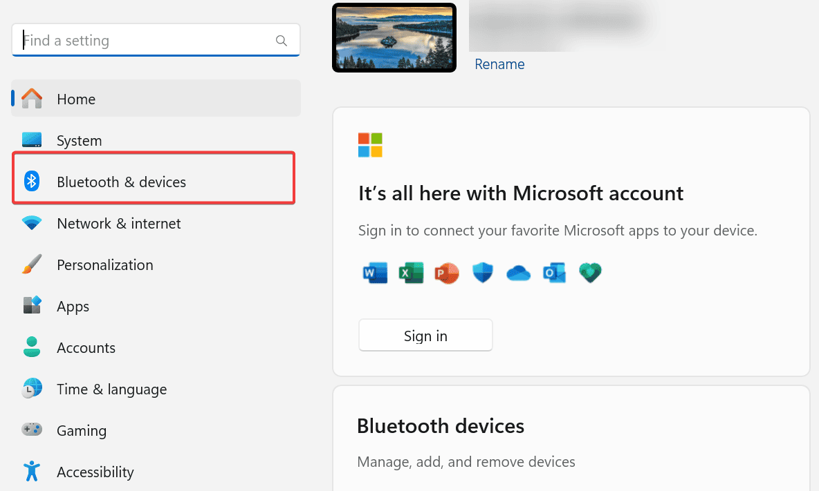 bluetooth and devices in settings