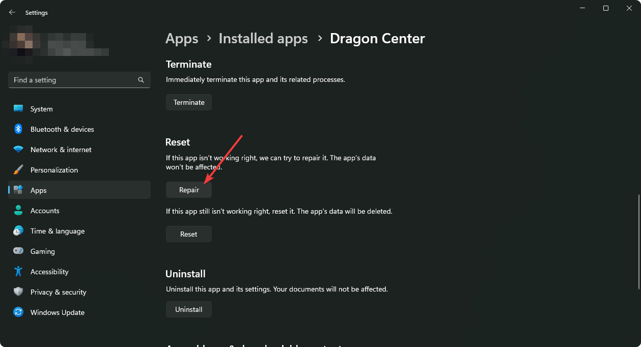 [msi ドラゴン センター アプリの修復]をクリックします。