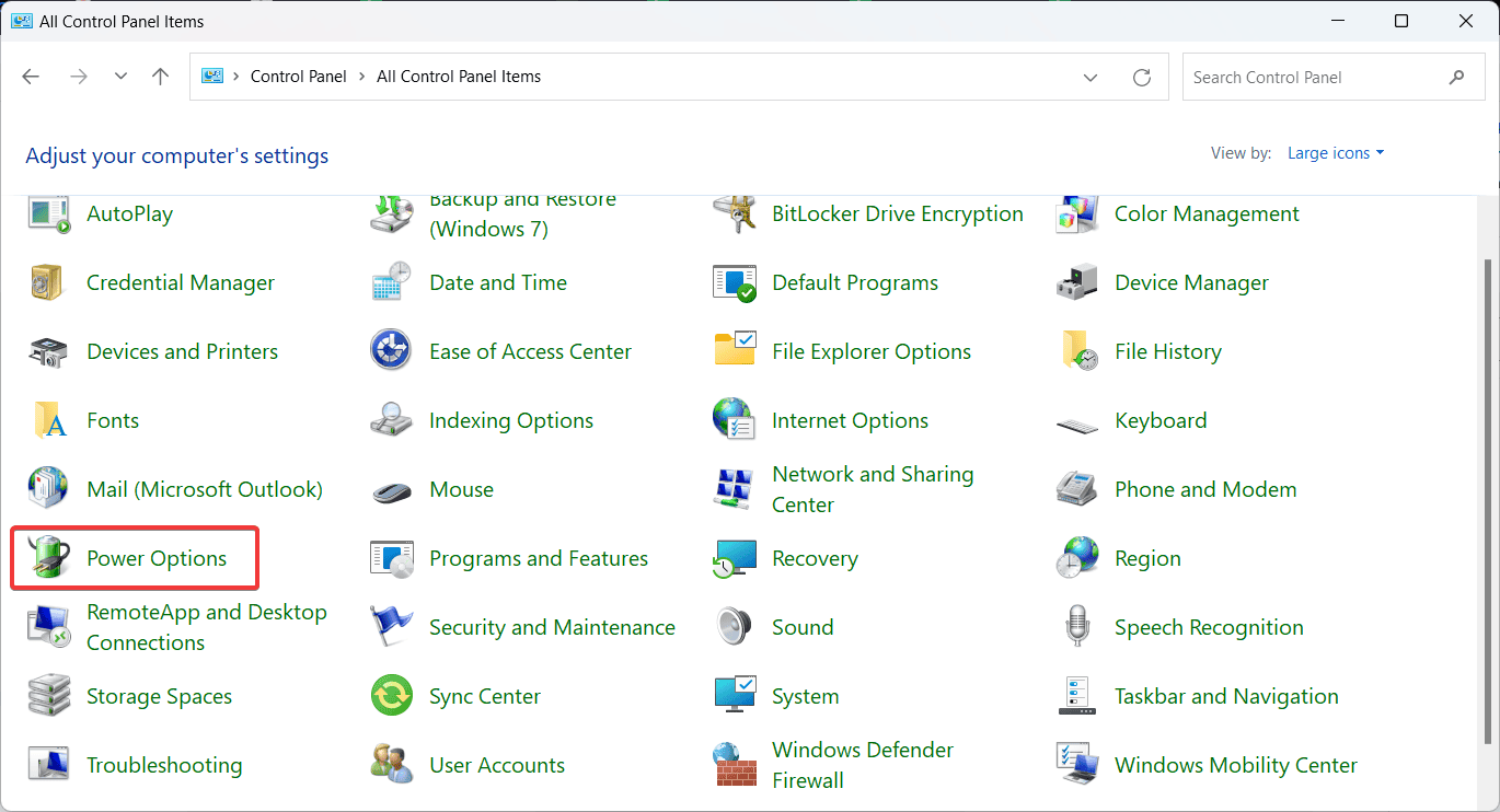 control panel power options