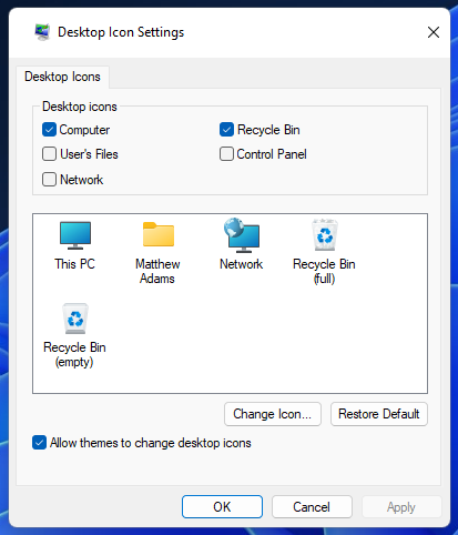 Desktop Icon Settings window windows 11 desktop icons not showing