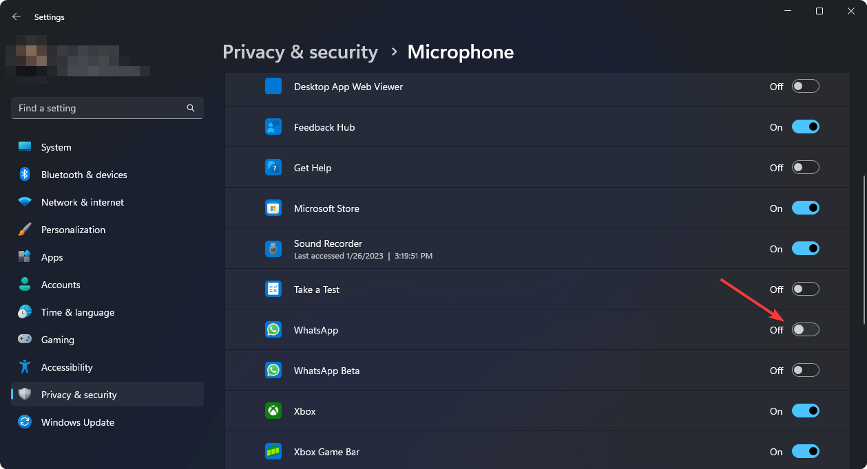 disablking microphone access for an app windows 11 settings