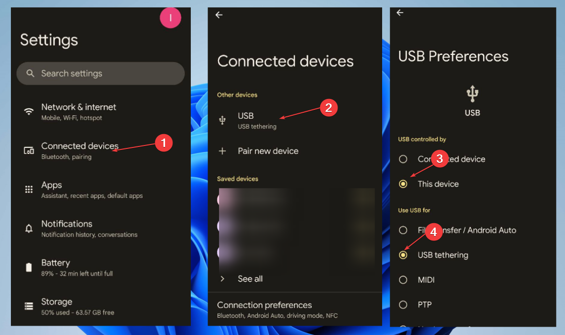 Enable USB tethering through ANdroid settings