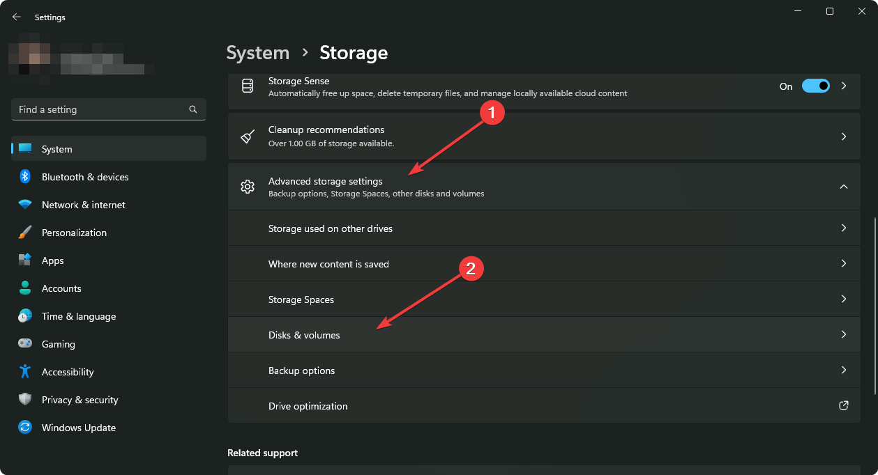 going disks and volumes under advanced storage settings windows 11