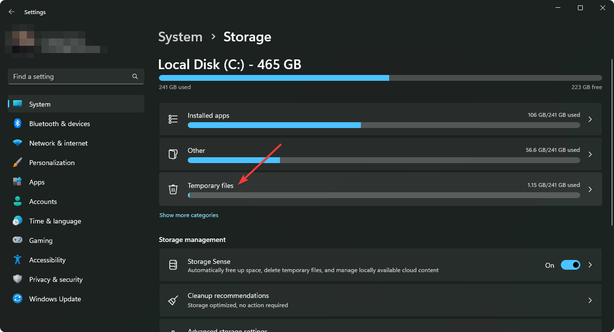 going temporary files from Windows 11 storage settings