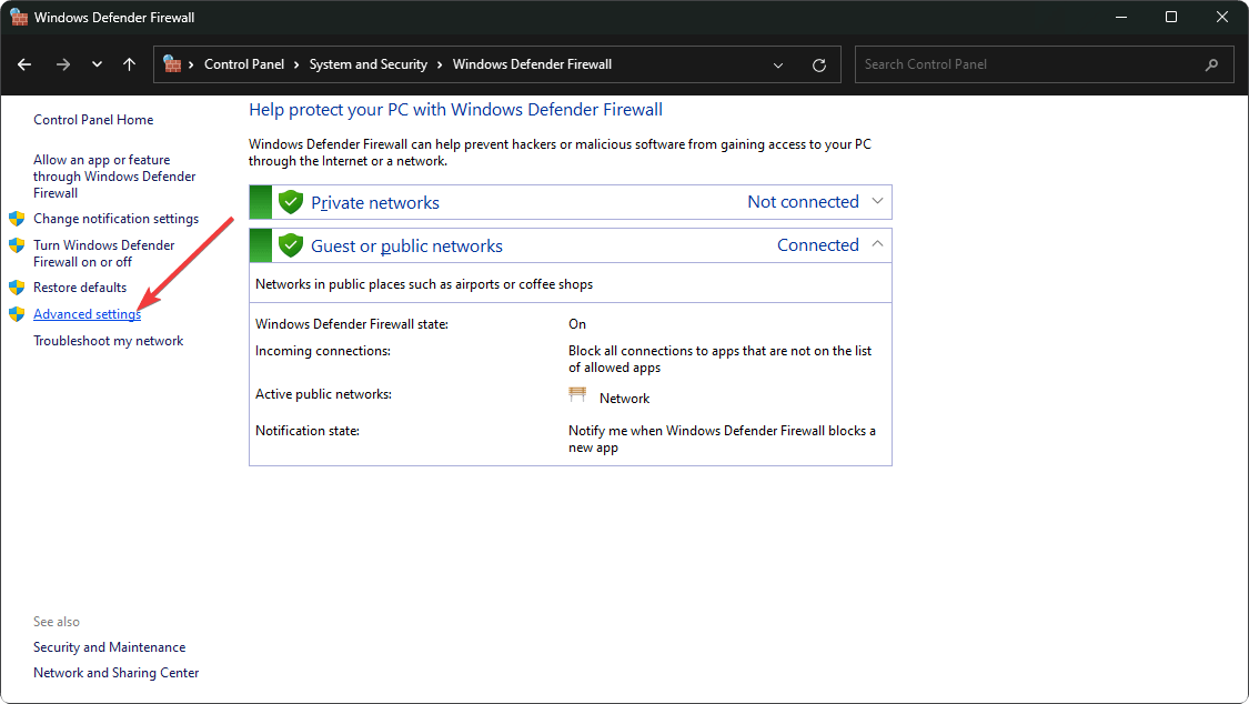 Windows Defender ファイアウォールの詳細設定に移動します。