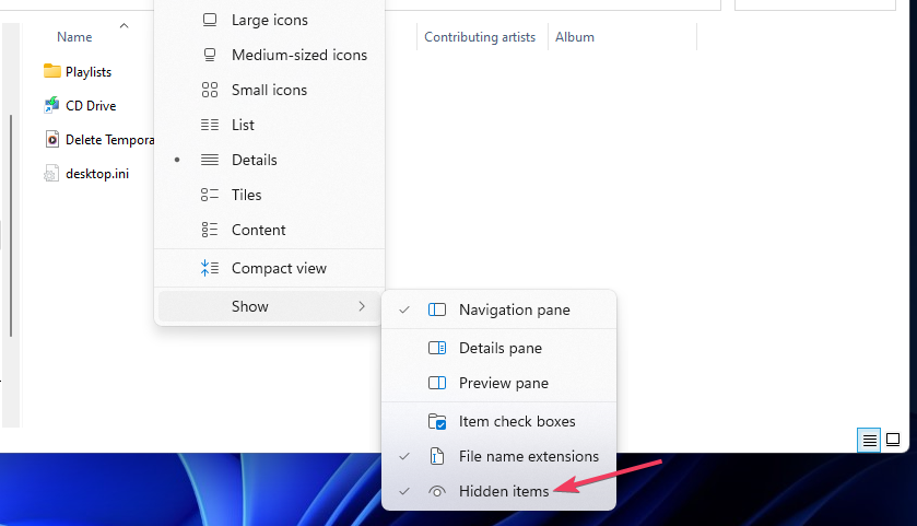 Hidden Items option windows 11 desktop icons not showing