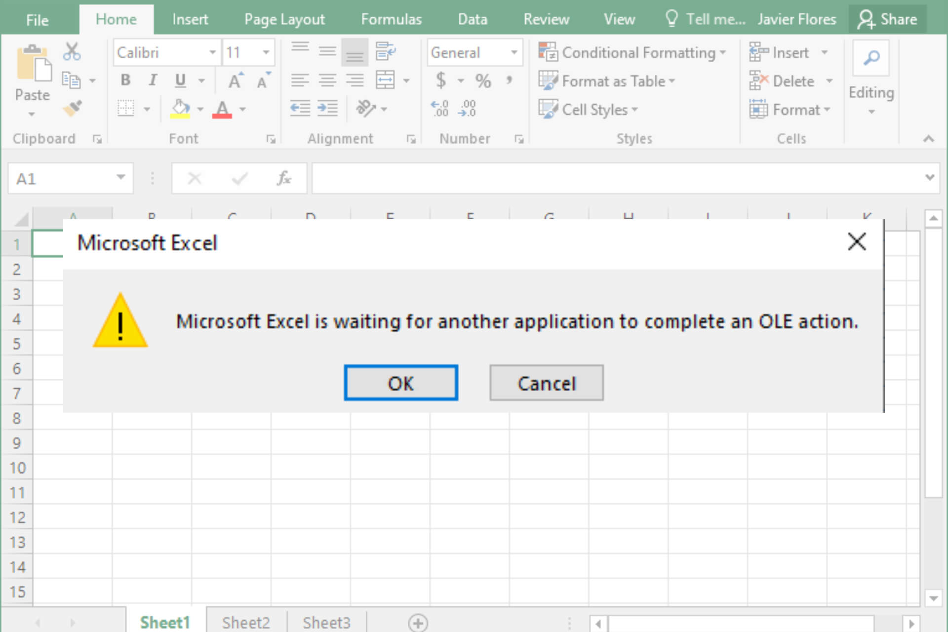 microsoft excel is waiting for another application to complete OLE action