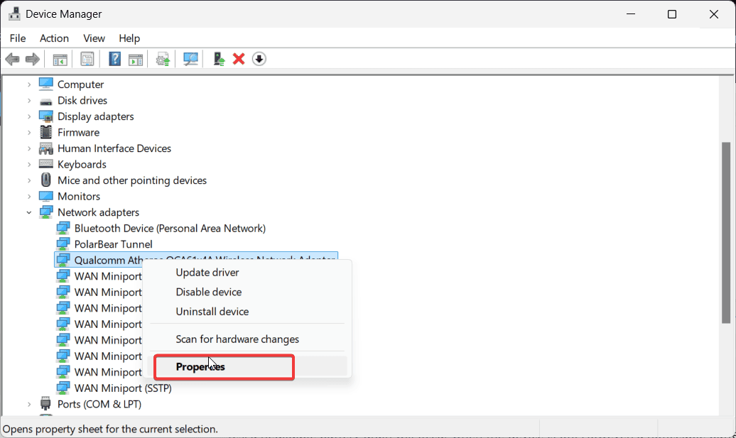 network adapter properties