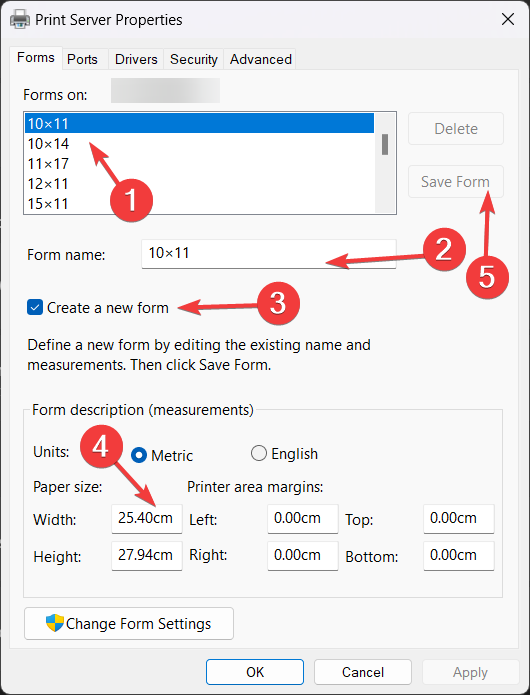 Create a new form - custom page size on Windows 11