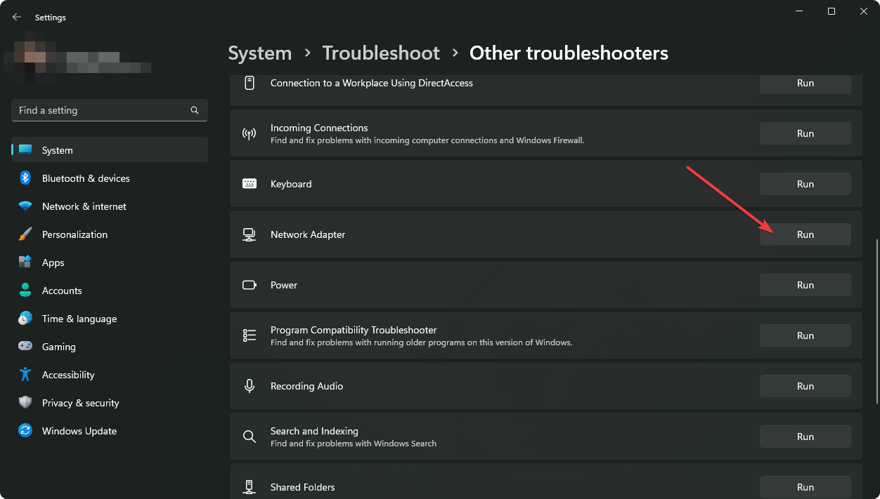 running network adapter troubleshooter Windows 11 settings