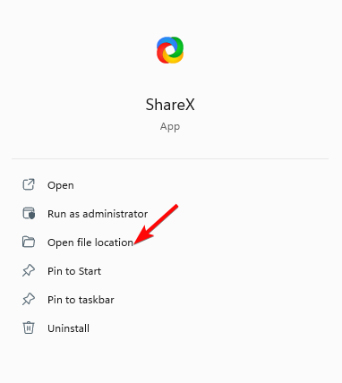 app - right side - open file location