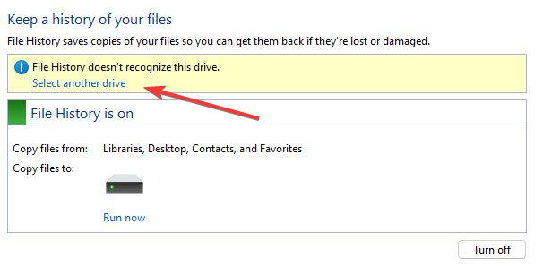 Another drive file history doesn't recognize this drive